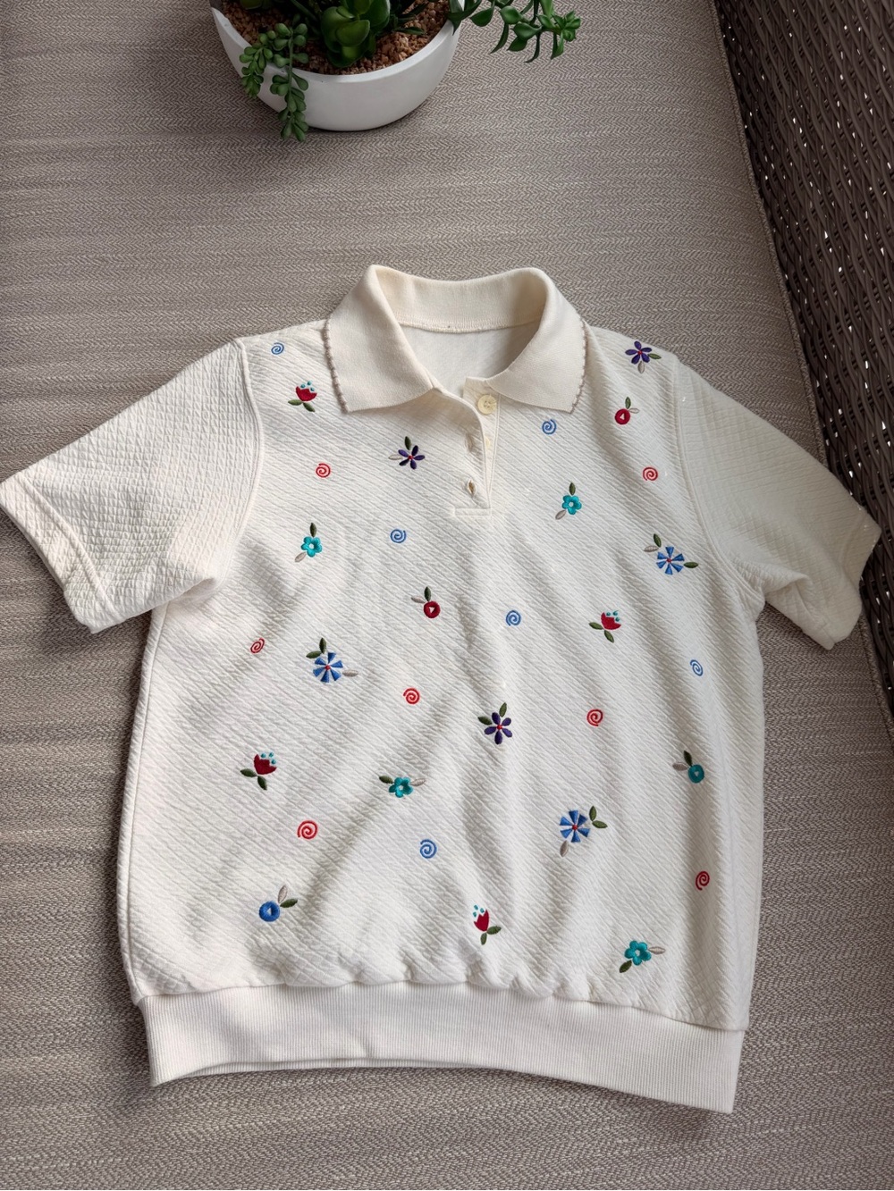 Kids Embroidered Cream Polo Top with Floral Accents